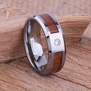 Tungsten Ring with Koa Wood & 3mm CZ - 8mm Wide - TCR084 cubic and wood engagement or wedding ring or promise band for boyfriend