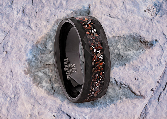 Black tungsten wedding band with Dinosaur bones and meteorite 8mm promise ring for men present for husband best gift for him and loved one
