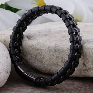 Black Stainless Steel & Braided Leather Men's Bracelet - SSLB013