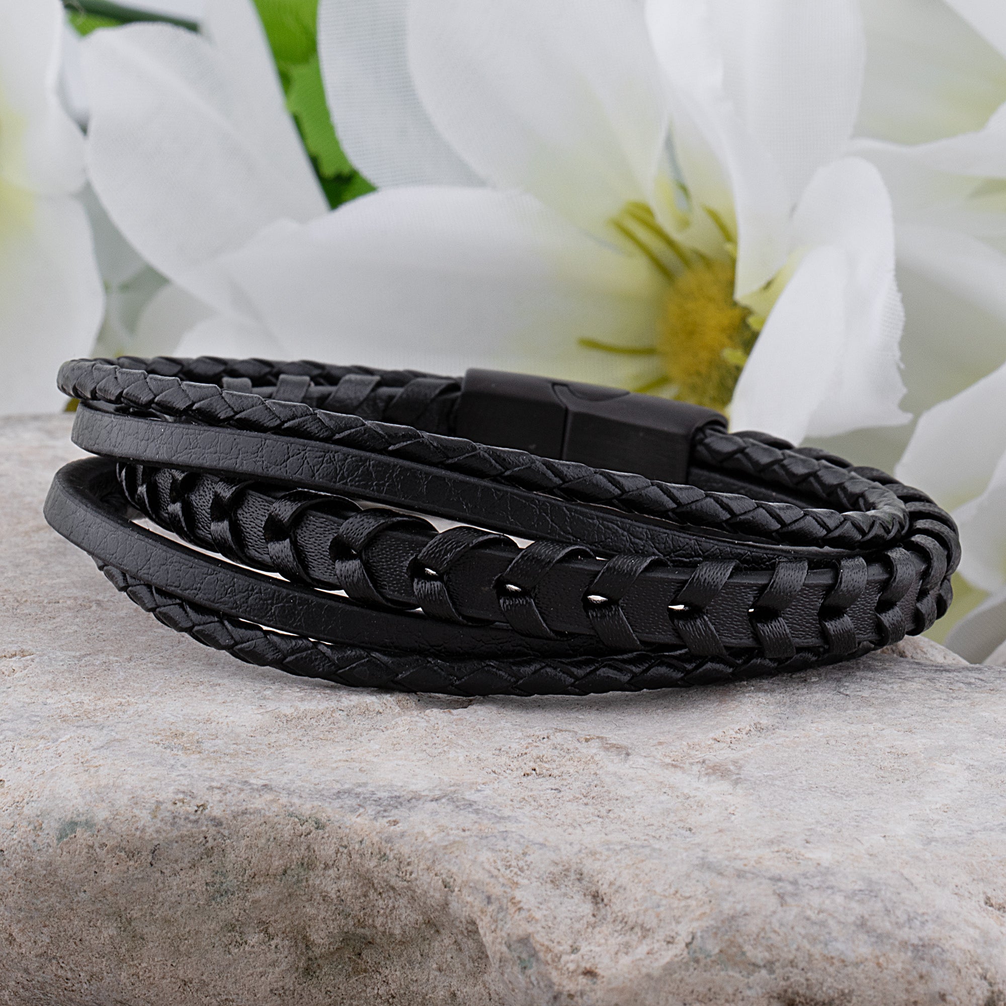 Stainless Steel Black Multi-Strand Men's Braided Leather Bracelet