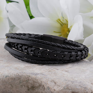 Multi-Strand Stainless Steel Black Men's Braided Leather Bracelet - SSLB099
