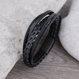 Multi-Strand Stainless Steel Black Men's Braided Leather Bracelet - SSLB099