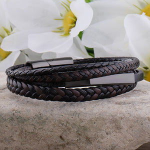 Men's Stainless Steel Black Leather Engravable Bracelet - SSLB103