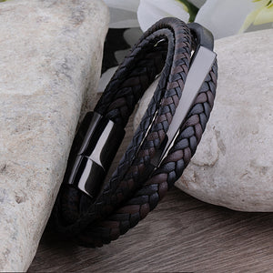 Men's Stainless Steel Black Leather Engravable Bracelet - SSLB103