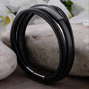 Engravable Men's Stainless Steel Black Multi-Strand Leather Bracelet - SSLB114