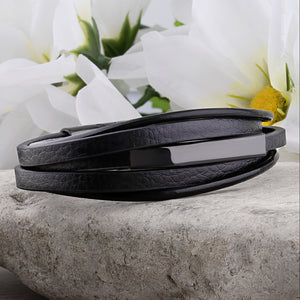Engravable Men's Stainless Steel Black Multi-Strand Leather Bracelet - SSLB114