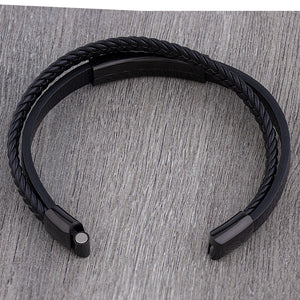 Men's Stainless Steel Black Leather Bracelet with Engraving Plate - SSLB145BK