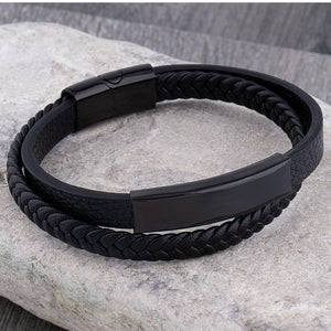 Men's Stainless Steel Black Leather Bracelet with Engraving Plate - SSLB145BK