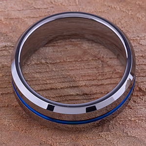 Tungsten Ring with Blue Center Channel - 8mm Width - TCR072