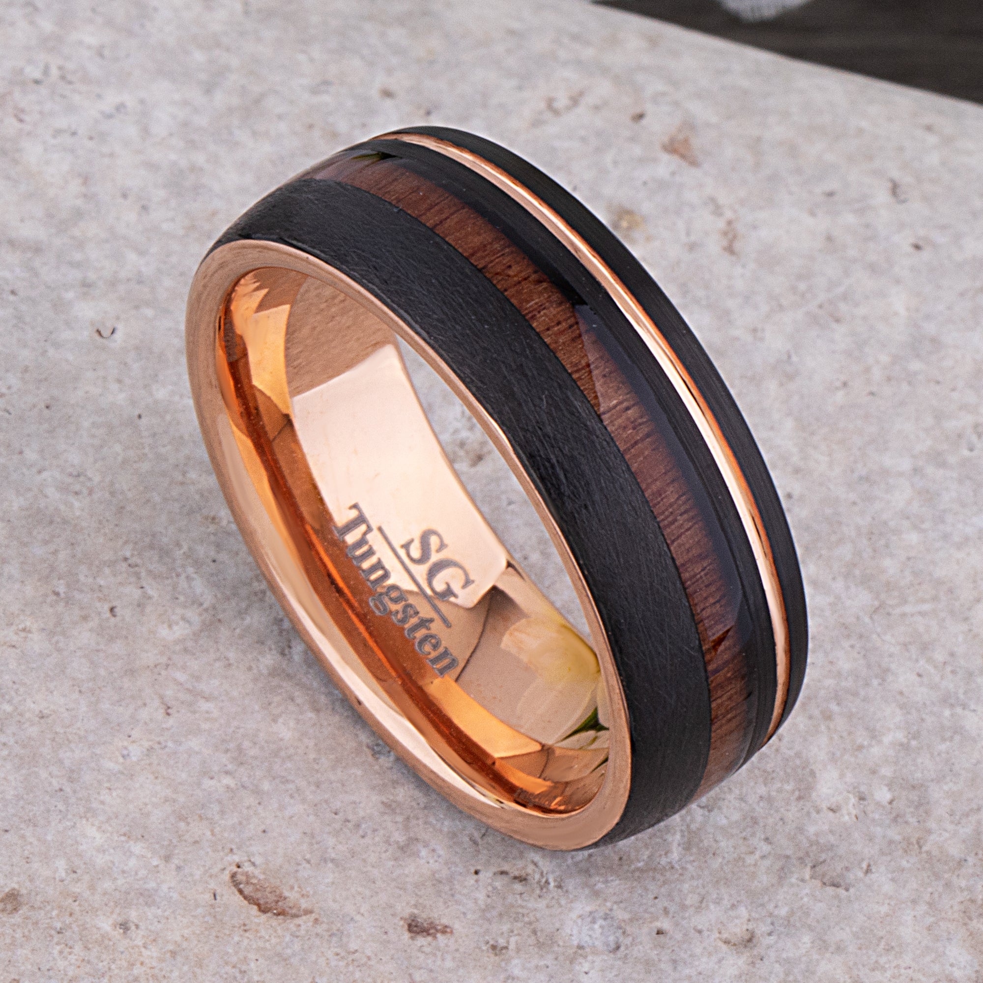 Black and Rose Gold Tungsten Ring with Rosewood Inlay - 8mm Width - TCR212