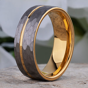 Tungsten Carbide Wedding Band 8mm Wide Satin Finish with Silver and Yellow Gold Contrasting Colors