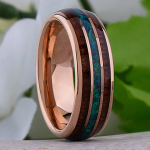 Rose Gold Tungsten Wedding Band 8mm with Opal and Padauk Wood Inlay, Anniversary Engagement Promise Ring, Gift for Him