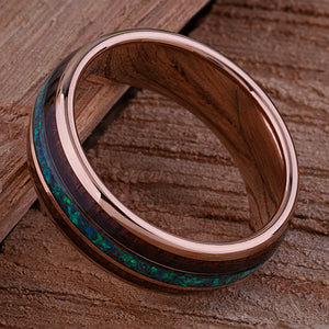 Rose Gold Tungsten Wedding Band 8mm with Opal and Padauk Wood Inlay, Anniversary Engagement Promise Ring, Gift for Him