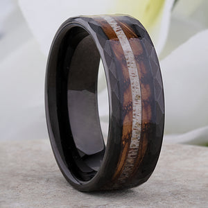Charred Oak Whiskey Barrel and Deer Antler Inlay Tungsten Carbide Men's Wedding Ring 8mm Wide