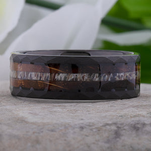 Charred Oak Whiskey Barrel and Deer Antler Inlay Tungsten Carbide Men's Wedding Ring 8mm Wide