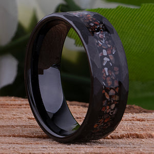 Dinosaur Bone and Meteorite Black Tungsten Wedding Band 8mm with Faceted Brush Finish, New Design Tungsten Ring, Best Quality Workmanship