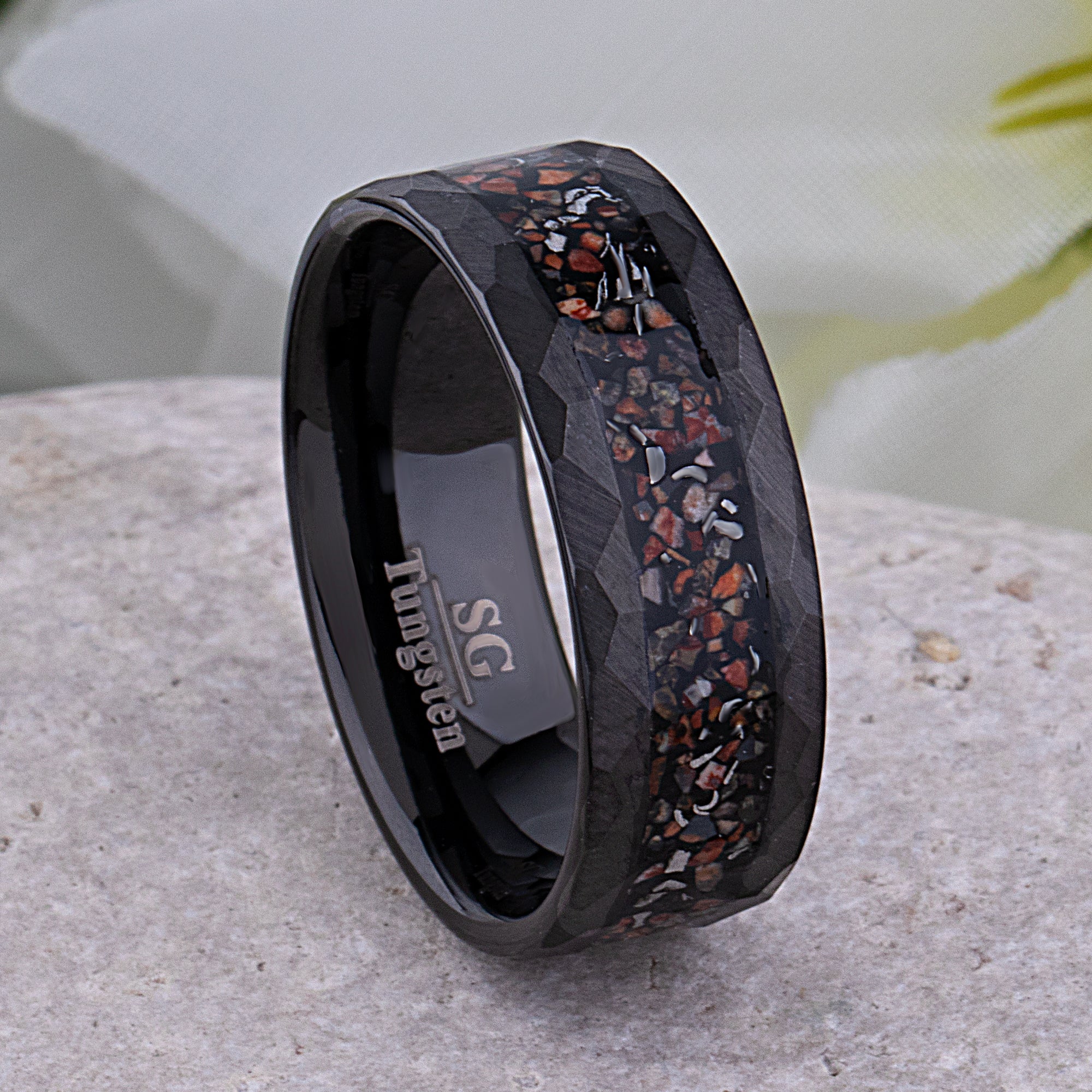 Dinosaur Bone and Meteorite Black Tungsten Wedding Band 8mm with Faceted Brush Finish, New Design Tungsten Ring, Best Quality Workmanship