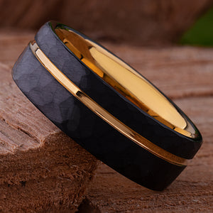 Black and Yellow Gold Tungsten Carbide Men's Wedding Band or Engagement Ring 8mm Wide with Brushed Faceted Surface