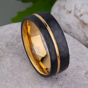 Black and Yellow Gold Tungsten Carbide Men's Wedding Band or Engagement Ring 8mm Wide with Brushed Faceted Surface