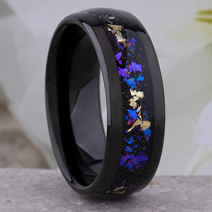 Gold Leaf and Crushed Sandstone Celestial Galaxy Black Tungsten Wedding Band 8mm Wide that Mimics the Orion Nebula
