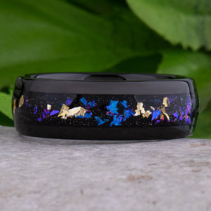 Gold Leaf and Crushed Sandstone Celestial Galaxy Black Tungsten Wedding Band 8mm Wide that Mimics the Orion Nebula