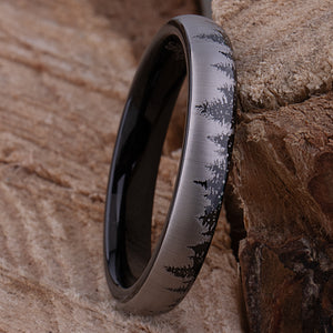 Forest Tungsten Ring with Pine Tree Design in Black & Silver - 4mm Width - TCR228