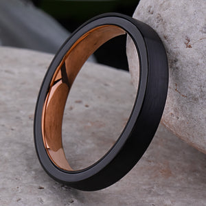 Unisex Black and Rose Gold Tungsten Wedding Ring - 4mm Width - TCR231
