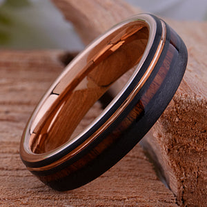 Black and Rose Gold Tungsten Ring with Rosewood Inlay - 6mm Width - TCR232
