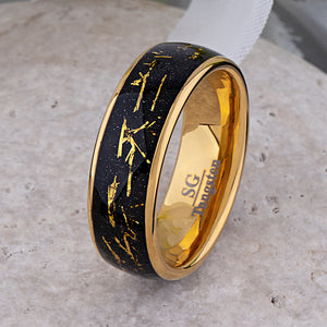 Yellow Gold Leaf and Black Sandstone Tungsten Wedding Band - 8mm Width - TCR234