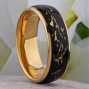 Yellow Gold Leaf and Black Sandstone Tungsten Wedding Band - 8mm Width - TCR234