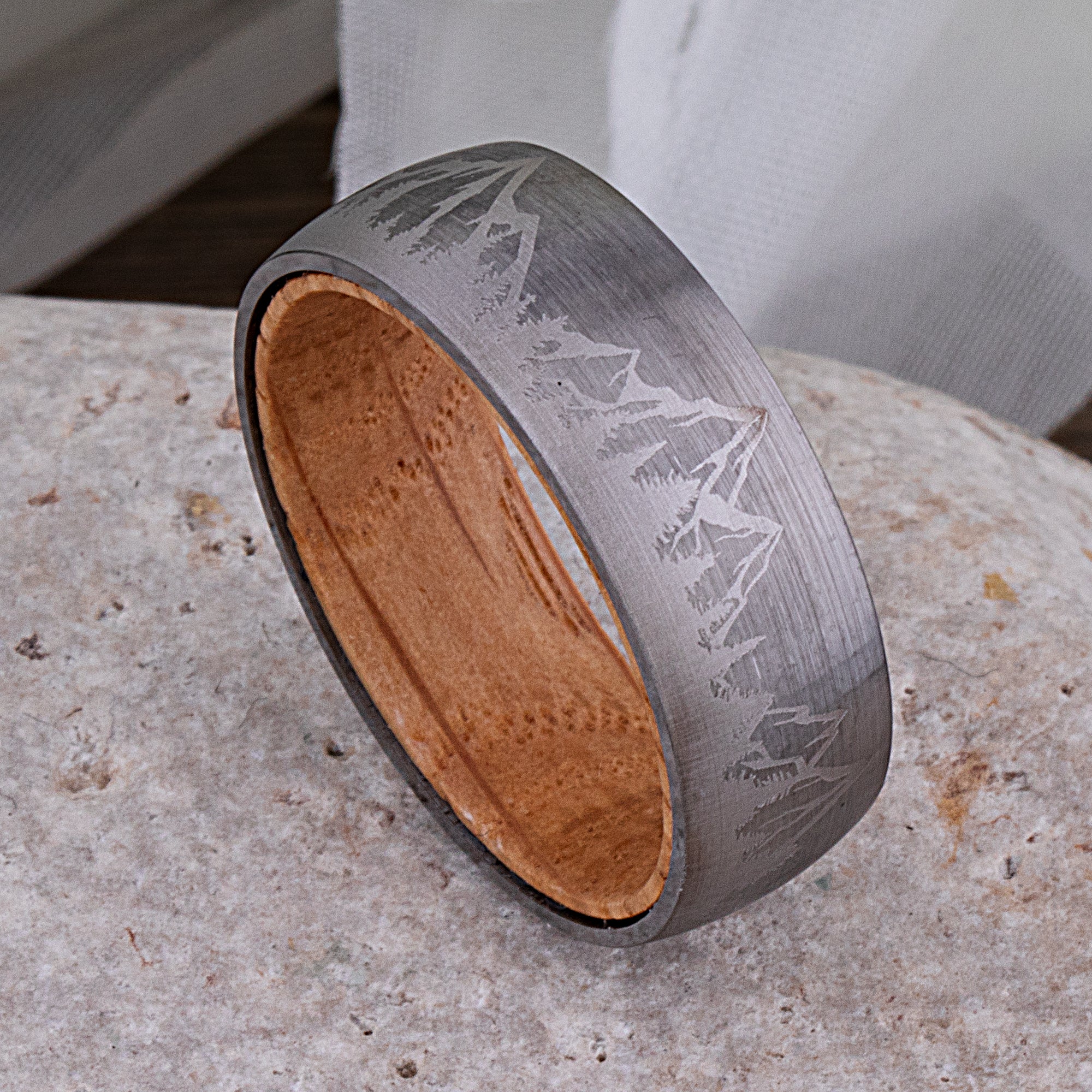 Mountain Tungsten Wedding Ring with Whiskey Barrel - 8mm Width - TCR245
