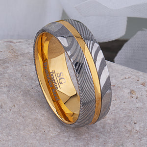 Damascus Steel and Yellow Gold Tungsten Wedding Band - 8mm Width - TDR001