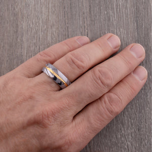 Damascus Steel and Yellow Gold Tungsten Wedding Band - 8mm Width - TDR001