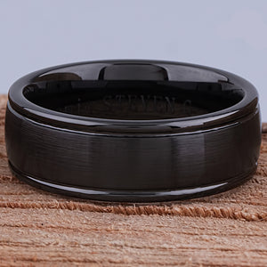 Black Ceramic Men's Wedding Ring or Engagement Band 8mm Wide with Light Brushed Center and Polished Sides