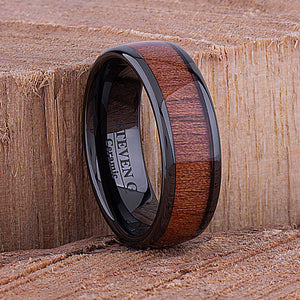 Ceramic Men's Wedding Ring with Koa Wood - 8mm Width CER081-8 men’s wedding ring or engagement band, promise ring or anniversary ring gift for him - Steven G Designs