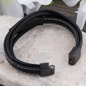 Men's Stainless Steel Black Leather Bracelet with High Polished Black Engraving Plate & Steel Secure Magnetic Sliding Clasp