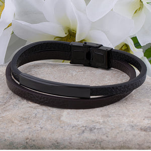 Men's Stainless Steel Black and Brown Leather Bracelet With Black Engraving Plate and Steel Secure Clip Lock Clasp