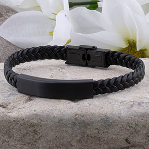 Men's Stainless Steel Black Leather Bracelet With Black Engraving Plate and Steel Secure Clip Lock Clasp