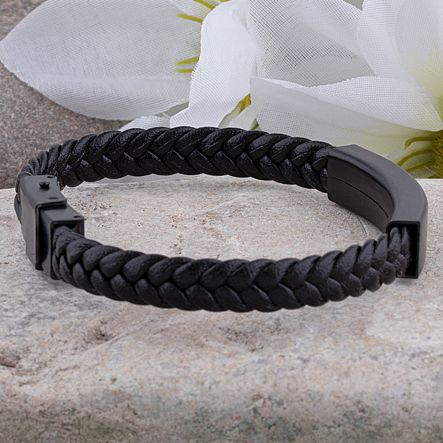 Men's Stainless Steel Black Leather Bracelet with Engraving Plate - SSLB005