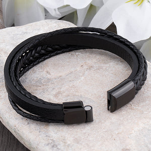 Men's Black Braided Leather Bracelet, Polished Black Stainless Steel Secure Magnetic Sliding Clasp, Bracelet for Husband, Boyfriend or Son