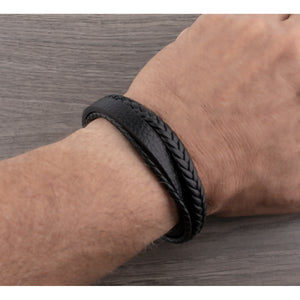 Men's Black Braided Leather Bracelet, Polished Black Stainless Steel Secure Magnetic Sliding Clasp, Bracelet for Husband, Boyfriend or Son