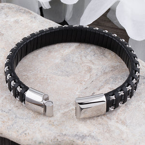 Men's Braided Leather Bracelet with Double Row Steel Wire and Stainless Steel Secure Magnetic Slide Clasp, Best Gift for Husband or Father