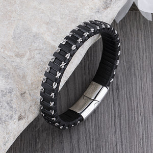 Men's Braided Leather Bracelet with Double Row Steel Wire and Stainless Steel Secure Magnetic Slide Clasp, Best Gift for Husband or Father