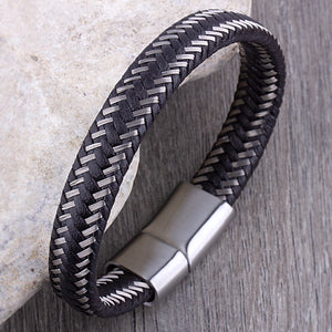 Men's Bracelet with Braided Leather and Steel Wire and Stainless Steel Secure Magnetic Slide Clasp