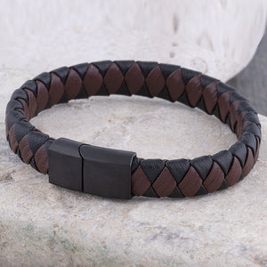 Men's Leather Bracelet Black & Brown Hand-Braided with Secure Stainless Steel Slide Lock Magnetic Clasp, Gift for Husband or Boyfriend