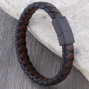 Men's Leather Bracelet Black & Brown Hand-Braided with Secure Stainless Steel Slide Lock Magnetic Clasp, Gift for Husband or Boyfriend