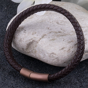 Men's Stainless Steel Brown Leather Bracelet with Brownish-Gold Plated Clasp - SSLB094