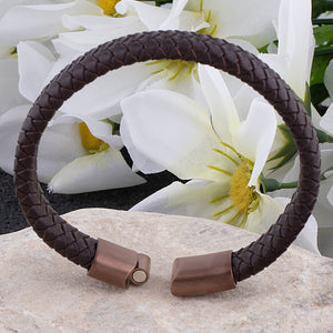 Men's Stainless Steel Brown Leather Bracelet with Brownish-Gold Plated Clasp - SSLB094