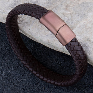Men's Stainless Steel Brown Leather Bracelet with Brownish-Gold Plated Clasp - SSLB094BW