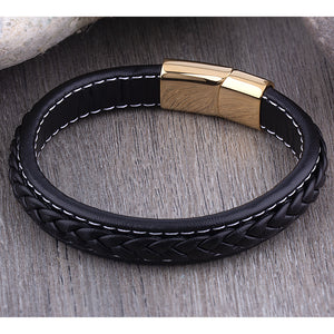 Men's Stainless Steel Black Leather Bracelet with Yellow Gold Plated Clasp - SSLB102YGBK